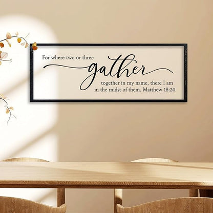 comurdyo Dining Room Wall Decor For Where Two Or Three Gather Sign 32X12 Inch Bible Verse Prayer Matthew 18:20 for Large Modern Farmhouse Simple kitchen Wooden Framed Plaque Hanging Art (Black)