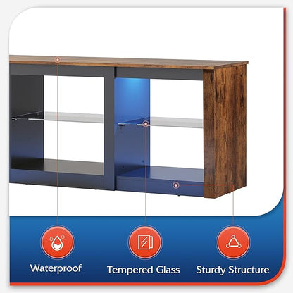 WLIVE RGB LED TV Stand for 65-Inch TV, 58-Inch Entertainment Center with Adjustable Glass Shelves, Modern Media Console for Living Room & Bedroom, Rustic Brown