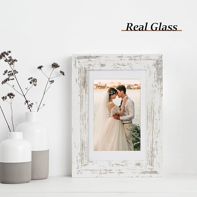 iRahmen 4x6 Picture Frame Set of 2 with HD Glass, Distressed White Wood Photo Frames Display 3.5x5 Picture with Mat or 4 x 6 Without Mat for Horizontal or Vertical Tabletop and Wall Mounting
