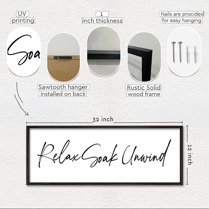 Relax Soak Unwind Wall Decor Art 32"X12" Bathroom Sign Shower Room above the Bathtub Large Wood Framed Wall Hanging (Black)