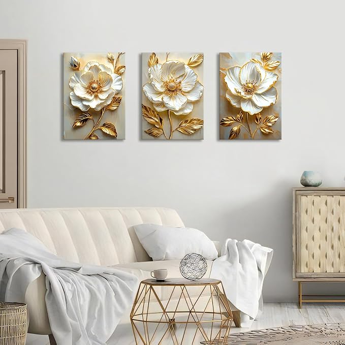 Modern White Floral Golden Leaves Canvas Wall Art Set, Neutral 3d Textured Flowers Wall Painting Pictures Boho Beige Blossom Wall Decor Posters Print Artwork for Bedroom Living Room Office 20x28x3Pcs