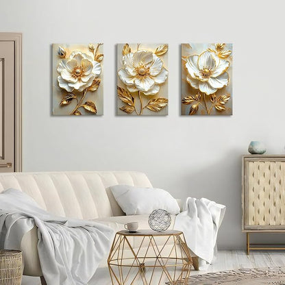 Modern White Floral Golden Leaves Canvas Wall Art Set, Neutral 3d Textured Flowers Wall Painting Pictures Boho Beige Blossom Wall Decor Posters Print Artwork for Bedroom Living Room Office 20x28x3Pcs
