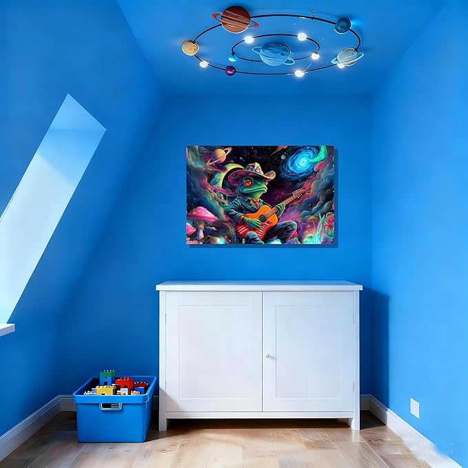 16x24 Psychedelic Space Frog Canvas Wall Art, Colorful Framed Cosmic Mushroom Guitar Player Kids Trippy Room Decor Teen Boys Bedroom Wall Posters Children Home Game Prints Gift Painting