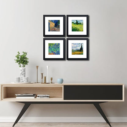 8x8 Picture Frame Set of 4 Made of Solid Wood Photo Frame with Real Glass for Pictures 5x5 with Mat or 8x8 Without Mat, Wall Mount or Tabletop Gallery Photo Frames in Black