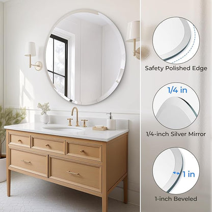 USHOWER 36" Round Frameless Wall Mirror with Beveled Edge - Circle Mirror for Bathroom & Vanity, Elegant & Simple Look