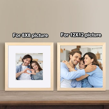 Egofine 12x12 Picture Frames Made of Solid Wood with Plexiglass, Display Pictures 8x8 with Mat or 12x12 Without Mat Set of 4 for Tabletop and Wall Mounting, Oak Wood