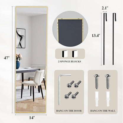 DUMOS 47x14 Full Length Mirror Over the Door, Wall Mounted Full Body Mirror, Door Hanging Metal Aluminum Alloy Frame Dressing Mirror for Bedroom, Living Room, Entryway, Gold
