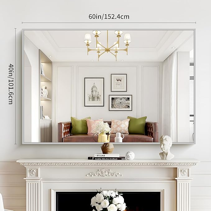 COFENY 40x60inch Silver Bathroom Mirror, Silver Rectangle Mirror with Frame, Large Rectangular Wall Mirrors for Bathroom, Living Room, Hair Salon, Big Farmhouse Mirror Hang Horizontal/Vertical