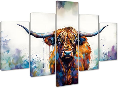Yatsen Bridge Graffiti Cow Pictures 5 Panels Highland Cow Wall Art Farmhouse Posters Canvas Prints Painting Animal Wall Decor Artwork Home Office Framed Ready to Hang - 60''W x 40''H
