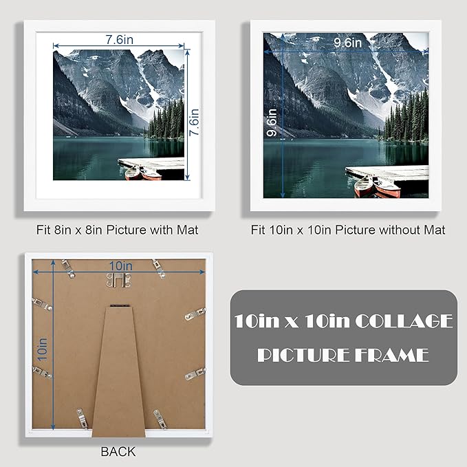Hongkee 10x10 White Picture Frames set of 3, Made of Wooden and Real Glass Square Photo frame - Displays 8x8 Picture With Mat or 10 x 10 Without Mat, Desktop & Wall Collage Frame set