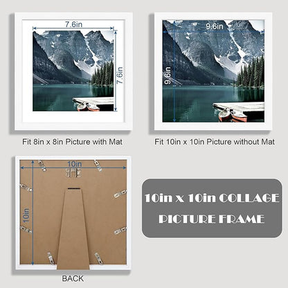 Hongkee 10x10 White Picture Frames set of 3, Made of Wooden and Real Glass Square Photo frame - Displays 8x8 Picture With Mat or 10 x 10 Without Mat, Desktop & Wall Collage Frame set