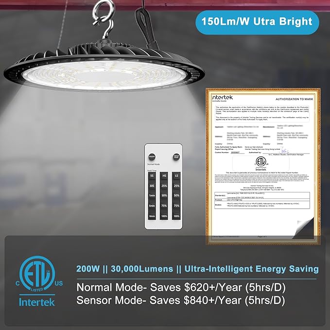 Smart 200W LED High Bay Light 30000LM 5000K UFO High Bay Lighting Motion Activated High Bay LED Lights AC100-277V for Warehouse Barn with Control- 8Pack