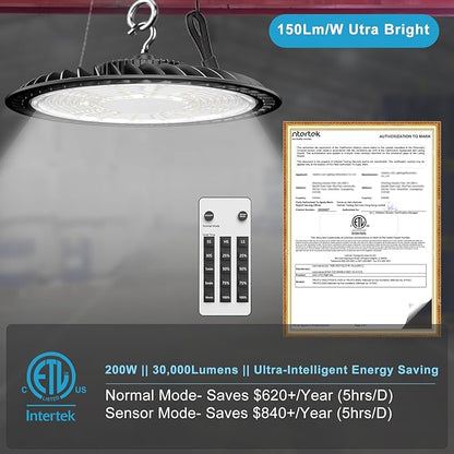 Smart 200W LED High Bay Light 30000LM 5000K UFO High Bay Lighting Motion Activated High Bay LED Lights AC100-277V for Warehouse Barn with Control- 8Pack