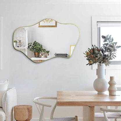 Gold Irregular Mirror, 21"x14" Asymmetrical Wall Mirrors, Modern Frameless Mirror for Wall, Unique Shaped Mirrors for Living Room Bedroom Bathroom Hallway Entryway Fireplace