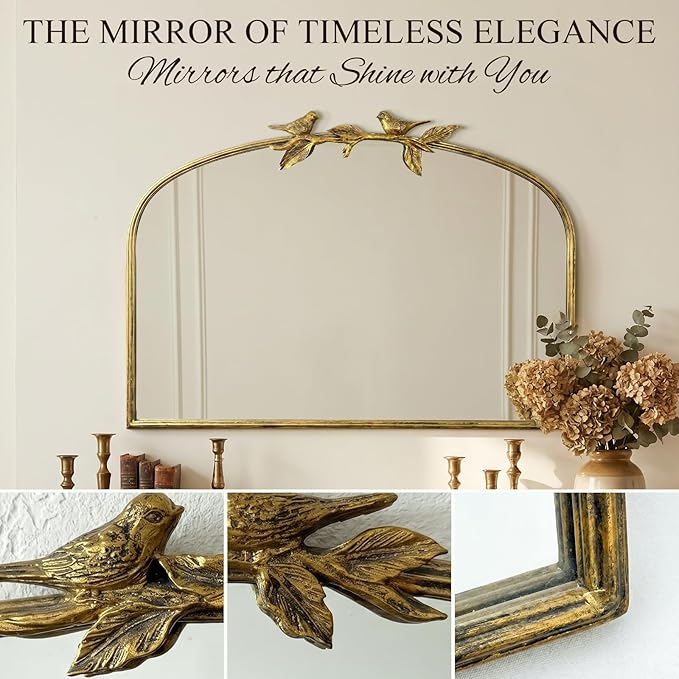Horizontal Gold Vintage Mirror - 36x25.5 Inch, Arched Antique Mirror with Ornate Frame for Bathroom, Living Room, Fireplace, Entryway