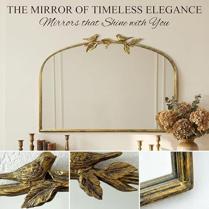 Horizontal Gold Vintage Mirror - 36x25.5 Inch, Arched Antique Mirror with Ornate Frame for Bathroom, Living Room, Fireplace, Entryway
