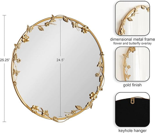 Kate and Laurel Rosella Modern Ornate Round Wall Mirror, 26 Inch Diameter, Gold, Circle Mirror with Floral Detailing for Use as Bathroom Mirror for Over Sink or Cute Dorm Room Decor