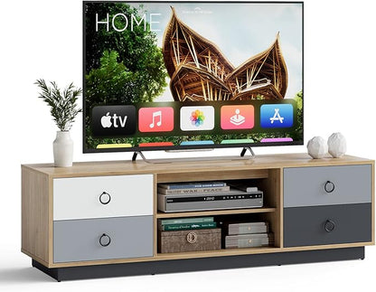 Tangkula Modern TV Stand for up to 60” TVs, 55”L Minimalist Entertainment Center w/ 2 Doors & Open Shelves, 2 Cable Holes, Media Console Table Storage Cabinet for Living Room (Natural, 55”L)
