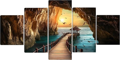 Yatsen Bridge 5 Piece Ocean Sunset Canvas Wall Art Seascape Pictures Seagulls Rock Landscape Home Decor for Living room Bedroom Wall Decoration Framed Ready to Hang - 60''W x 32''H