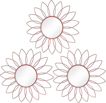 3 Pack Metal Mirrors for Wall Sunburst Wall Mirrors Home Décor Decorative Hanging Wall Art for Living Room Bedroom Entryway (Pink, Flowers)