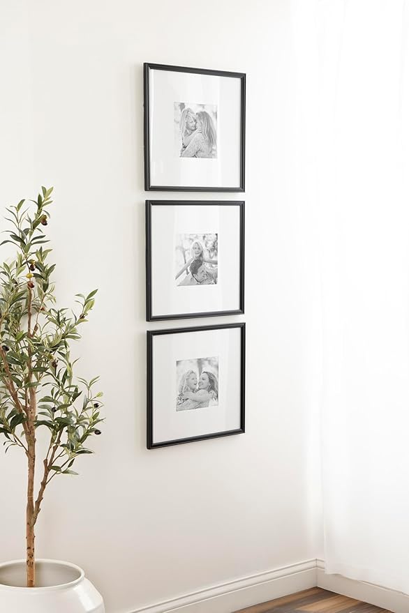 Kate and Laurel Adlynn Square Picture Frame Set of 3; 16 x 16 matted to 8 x 8; Black; Modern Three-Piece Frame Set for Gallery Wall Frame Set in Living Room Wall Decor