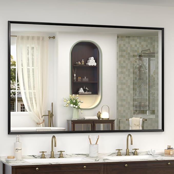 60" x 40" Matte Black Bathroom Mirror for Wall, Rectangular Beveled Vanity Mirror with Aluminum Alloy Frame, Right Angle Corner, HD Reflection, Horizontal or Vertical Mount