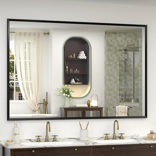 60" x 40" Matte Black Bathroom Mirror for Wall, Rectangular Beveled Vanity Mirror with Aluminum Alloy Frame, Right Angle Corner, HD Reflection, Horizontal or Vertical Mount