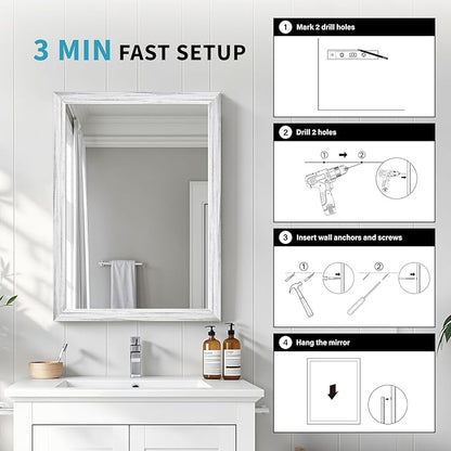 White Wood Effect Framed Wall Mirror, 24x36 Rectangle Mirror, Anti-desilvering Tempered Glass, Sustainable& Sturdy Frame, Farmhouse Mirror, Anti-Rust, 3min Fast Setup for Bathroom Living Room