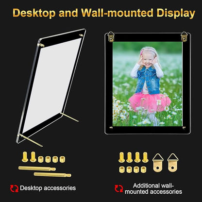 Thyle 8 Pcs Acrylic Photo Frame 8x10'' Clear Floating Picture Frame Frameless Photo Display Memories Photography Poster Frames Tabletop or Hanging Wall Mount for Family Wedding Wall Art (Gold)