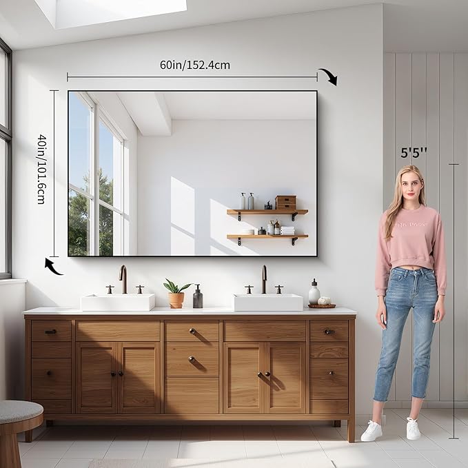 YIROMAN Bathroom Mirror 60"x40", Large Brushed Silver Bathroom Mirror for Over Sink with Aluminum Frame, Rectangular Vanity Mirror with Right Angle, Wall Mirror Hangs Horizontal or Vertical