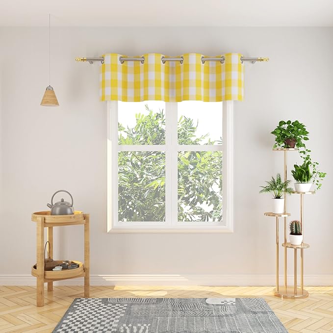 3 Pc Cotton Classic Country Farmhouse Kitchen Window Curtain Grommet Top -Yellow & White Buffalo Check Tier & Valance Set, 54" x 18" / 32" x 30"