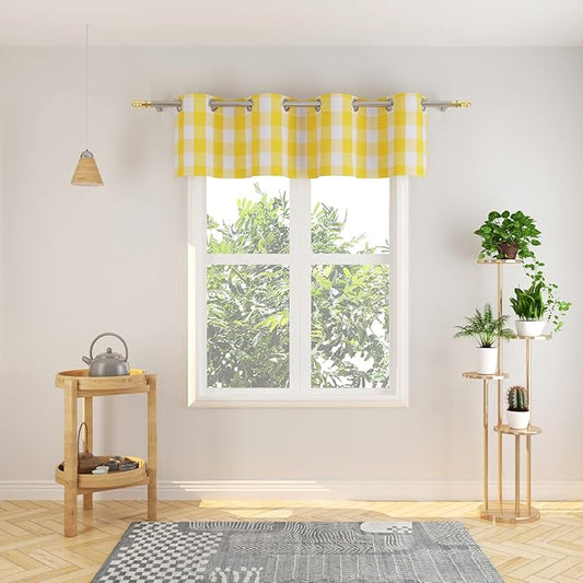 3 Pc Cotton Classic Country Farmhouse Kitchen Window Curtain Grommet Top -Yellow & White Buffalo Check Tier & Valance Set, 54" x 18" / 32" x 30"