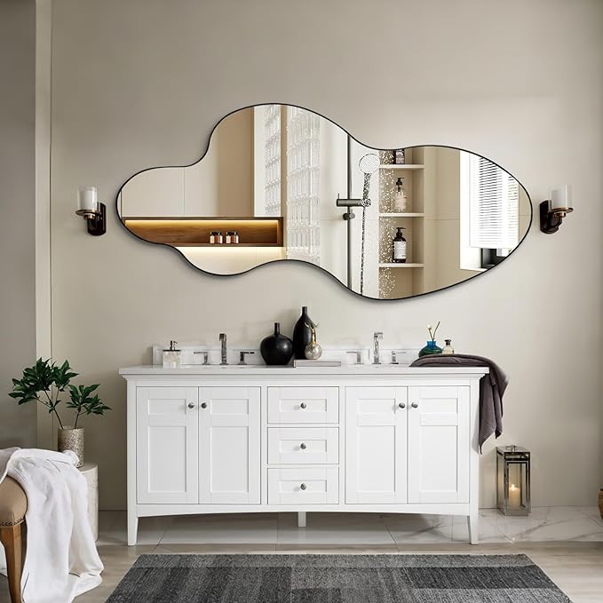 Large Irregular Mirror, 60"x30" Asymmetrical Wall Mirror with Metal Frame, Modern Organic Shaped Mirrors for Living Room Bedroom Hallway Entryway Fireplace, Horizontal or Vertical Hanging