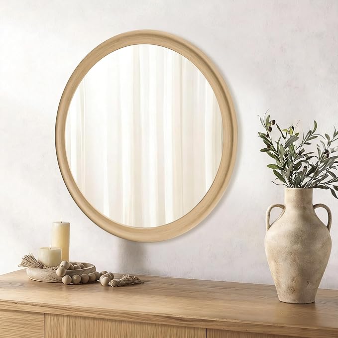 CULER Round Wall Mirrors 24 Inch,Natural Rustic Decorative Transitional Mirror with Wood Grain Frame for Wall,Farmhouse Hanging Vanity Mirror for Bathroom Bedroom Living Room or Entryway