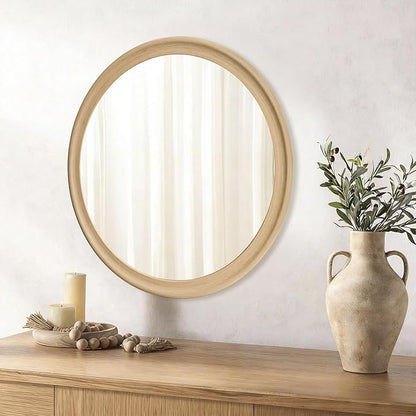 CULER Round Wall Mirrors 24 Inch,Natural Rustic Decorative Transitional Mirror with Wood Grain Frame for Wall,Farmhouse Hanging Vanity Mirror for Bathroom Bedroom Living Room or Entryway