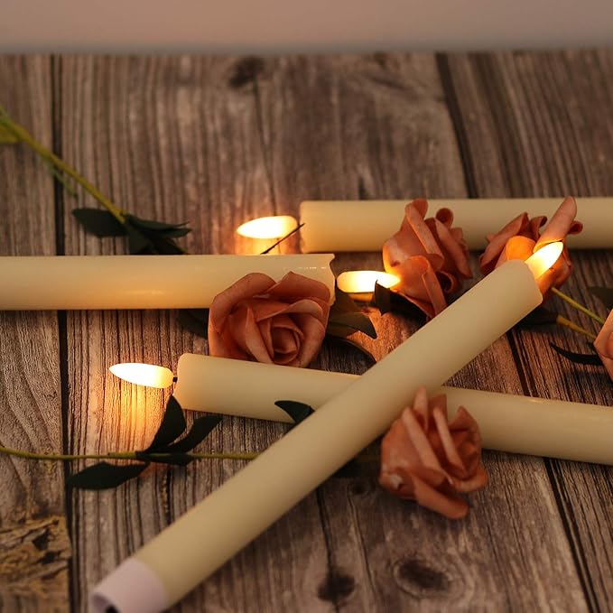 Ivory Flameless Taper Candles Battery Operated with 6H Timer, Real Wax 3D Wick Flickering LED Taper Candles Dinner Wedding Holiday Decor(6 Pack, 0.78 x 9.64 Inches)