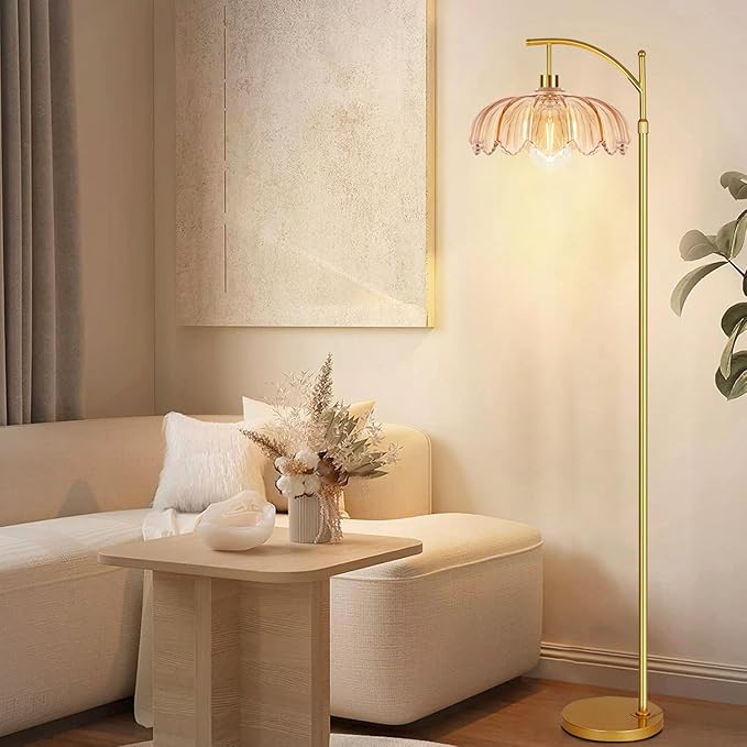 AHDWDW Gold Arc Floor Lamp for Living Room Bedroom,Adjustable Unique Modern Floor Lamps with Remote,Vintage Glass Standing Lamp with Dimmable Bulb,Bright Flower Brass Tall Lamp for Corner Office