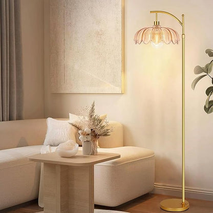 AHDWDW Gold Arc Floor Lamp for Living Room Bedroom,Adjustable Unique Modern Floor Lamps with Remote,Vintage Glass Standing Lamp with Dimmable Bulb,Bright Flower Brass Tall Lamp for Corner Office