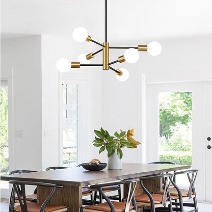 10.9"-52.3" Height Adjustable Chandelier Dining Room Light Fixture, 6-Light Modern Sputnik Chandeliers Brushed Gold and Black Mid Century Chandelier Over Table, Chandeliers for Dining Room Living Room
