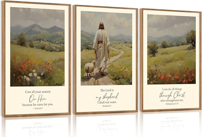 Aurlan Christian Bible Verses Framed Wall Art(16"x24"), 3PCS Vintage Jesus Leaves The 99 Lost Sheep Inspirational Scripture Canvas Artwork, Religious Abstract Flowers Nature Landscape Gallery Decor for Home Office Bedroom
