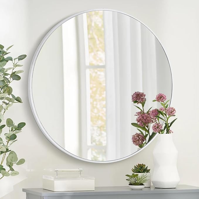 Round Wall Mirror 36 Inch, Large Circle Mirrors with White Wood Frame for Bathroom, Entry, Dining Room & Living Room,Tempered Glass-Shatterproof Mirror (White, 36 in)