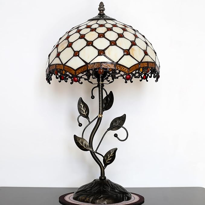 Tiffany Lamp Stained Glass Style Table Lamp Beads Style Bedside Desk Reading Light W12H19 Inch Metal Leaf Base with Metal Leaf Base