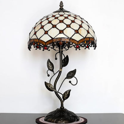 Tiffany Lamp Stained Glass Style Table Lamp Beads Style Bedside Desk Reading Light W12H19 Inch Metal Leaf Base with Metal Leaf Base