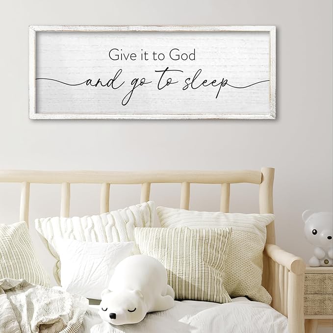 TQianJiang Give It To God And Go To Sleep Wall Decor Sign 24"X10" for Master Bedroom Above Bed Large Wood Framed Wall Art Hanging (White)