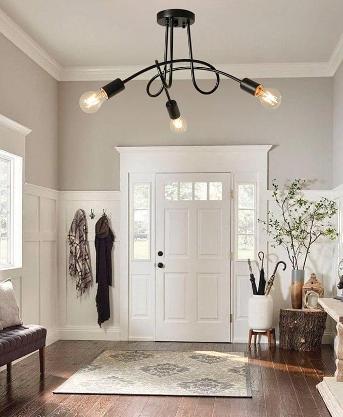 Modern Farmhouse Chandelier,22 Inch 3 Light Sputnik Semi Flush Mount Ceiling Light, Metal Black Rustic Light Fixture for Dining Room Bedroom Kitchen Hallway Entryway