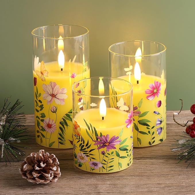 Eywamage Yellow Floral Glass Flameless Candles with Remote, Flickering Spring LED Pillar Candles Battery Operated Home Decor Set of 3