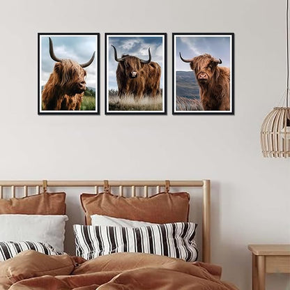 Highland Cow 3 Plane Framed Canvas Wall Art Rustic Cow Decor for Country House Apartment Living Room Vintage Farmhouse Animal Portrait Print Artwork Wall Decor Easy to Hand 12x16inchx3pcs