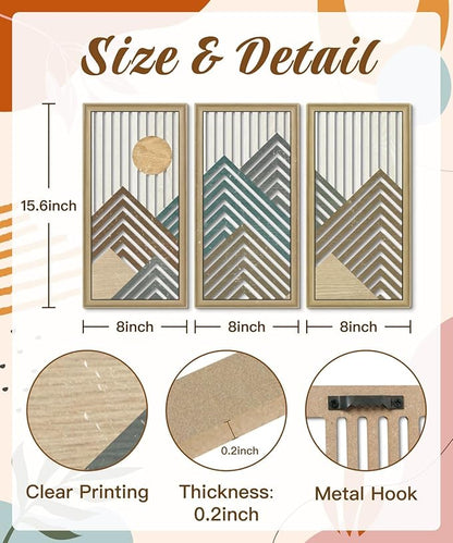 Putuo Decor Mountain Line Wall Art Set of 3, Modern Abstract Nature-Inspired Cut-Out Panels, MDF Wall Decor with Chevron Stripes and Sun Design for Living Room Bedroom Office
