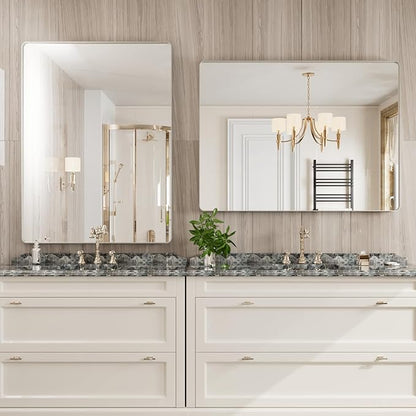 JISOSO Brushed Nickel Bathroom Mirror 48x36 Inch, Brushed Silver Metal Frame Mirror Wall Mounted, Rounded Rectangle Bathroom Vanity Mirror, Tempered Glass, Anti-Rust, Horizontal/Vertical