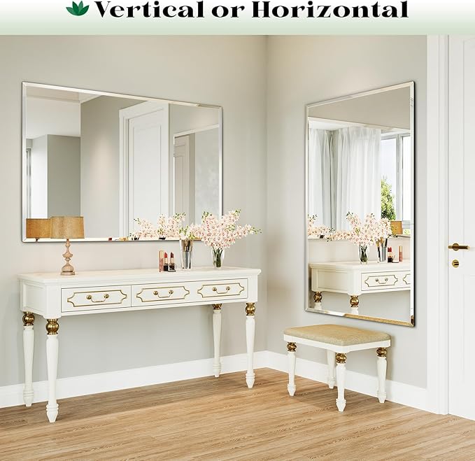 48"x32" Frameless Beveled Bathroom Wall Mirror, Frameless Bathroom Wall Mirror Over Sink, Large Vanity Mirrors for Entryway, Bedroom, Living Room, Hangs Horizontally or Vertically